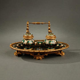 独角鹿西洋古董摆件法国手提式铜鎏金饰布雷松珐琅手绘墨水台