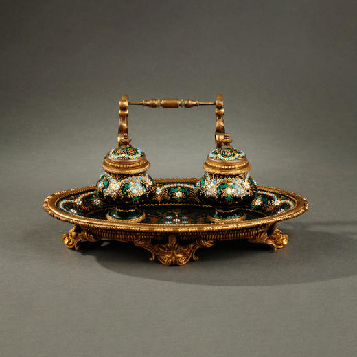 独角鹿西洋古董摆件法国手提式铜鎏金饰布雷松珐琅手绘墨水台 商品图0