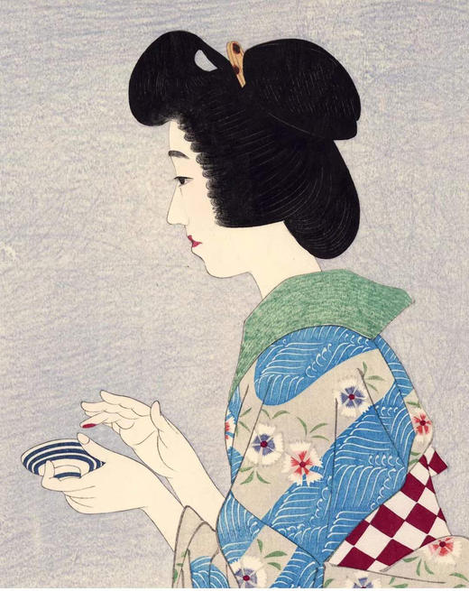 独角鹿西洋古董日本画家伊东深水签名云母装饰限量版画《口脂》 商品图1