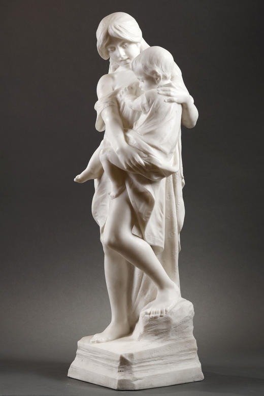 独角鹿西洋古董比利时Alphonse Van出品母子主题卡拉拉大理石雕像 商品图2