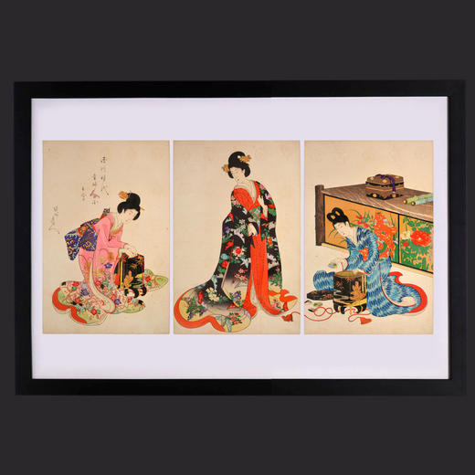 独角鹿西洋古董浮世绘大师杨洲周延三联幅版画徳川時代貴婦人の図 商品图1