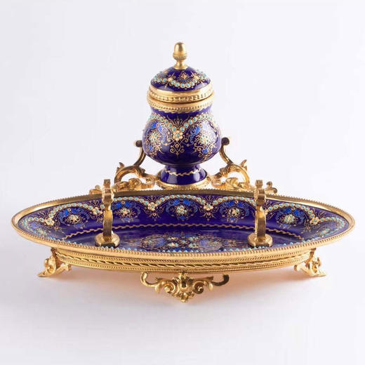 独角鹿西洋古董拿破仑三世时期法国出品铜鎏金布雷松珐琅墨水台 商品图0