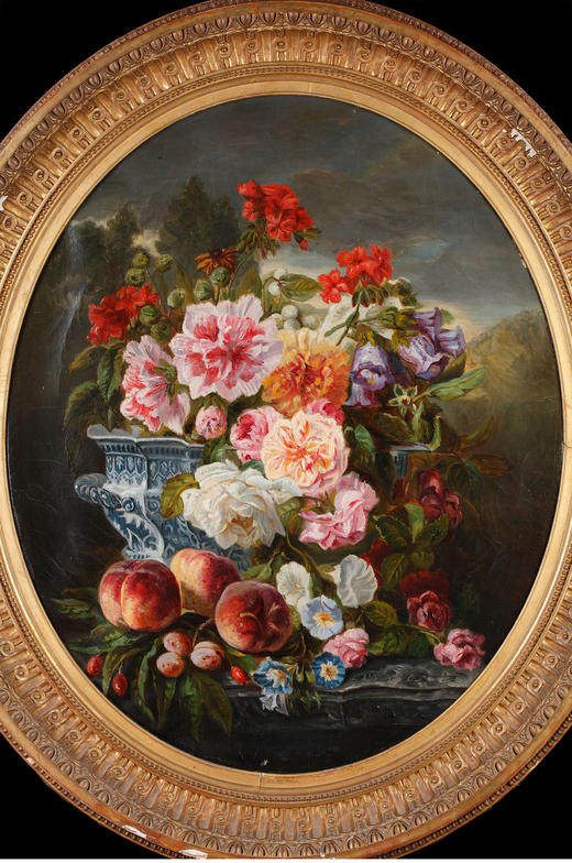 独角鹿西洋古董法国经典花卉静物布面油画一对原配椭圆形鎏金木框 商品图1