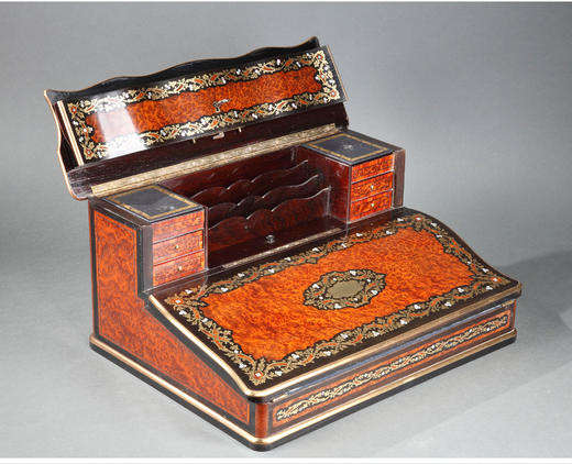 独角鹿西洋古董拿破仑三世时期法国黄铜母贝镶嵌香木便携式书写箱 商品图3