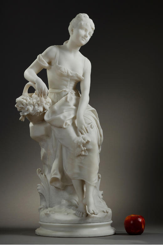 独角鹿西洋古董法国雕塑家签名新艺术风花篮少女卡拉拉大理石雕塑 商品图1