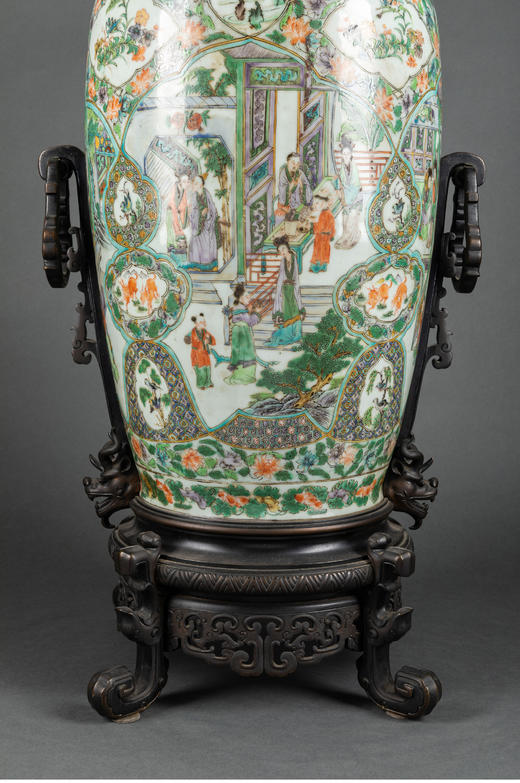 独角鹿西洋古董瓷器法国铜鎏金饰传统园邸人物主题中国广彩瓷瓶 商品图4