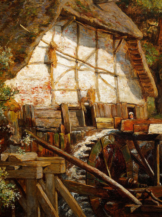 独角鹿西洋古董画家T. Fourmois风景布面油画坎皮内森林边的磨坊 商品图3