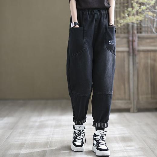 ZZZ新款复古宽松口袋松紧腰加绒加厚哈伦牛仔裤 商品图5