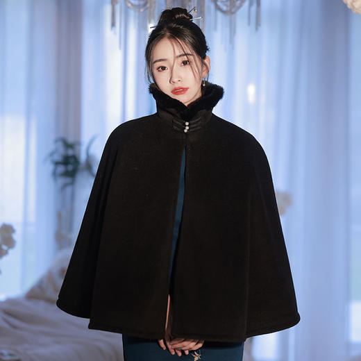 披风保暖，冬复古毛领宽松毛呢立领旗袍百搭斗篷披肩外套女中国风HYM-017 商品图0