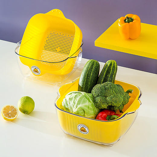 「三款尺寸可选」黄鸭款双层pet沥水篮 厨房用品多功能水果盘子清洁工具塑料菜筐淘菜篮 商品图1