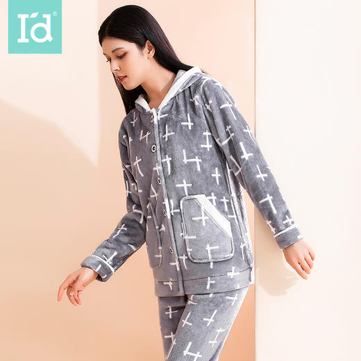 爱帝女式几何印花珊瑚绒长袖家居服套装 商品图2