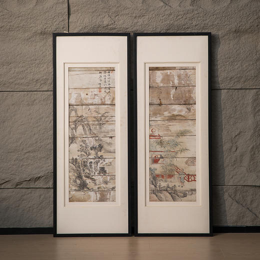 清 木板彩绘山水人物画板（一对） 商品图0