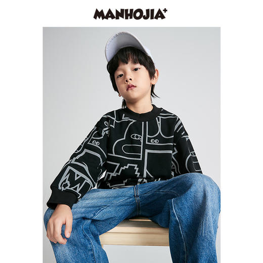 马拉丁潮牌漫画家儿童卫衣冬2021新品3M反光印花宽边罗纹套头卫衣 商品图0