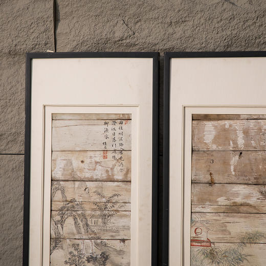 清 木板彩绘山水人物画板（一对） 商品图1