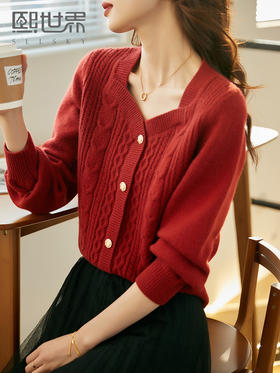 【年终特卖】熙世界复古红绞花毛衣女设计感小众钻石领软糯针织衫秋冬新款