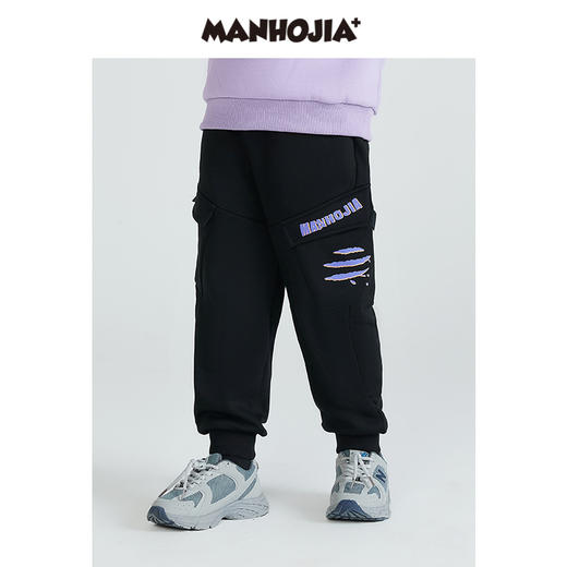 马拉丁潮牌漫画家童装裤子冬季新品立体斜向大口袋抓痕印花工装裤 商品图0