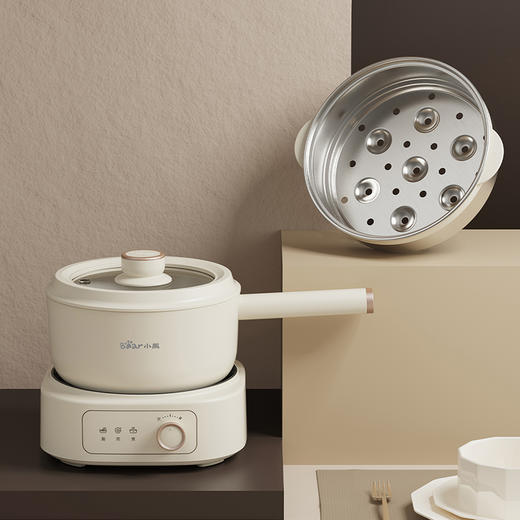 【小程序】小熊电煮锅多功能锅 学生宿舍电火锅蒸煮煎炒锅泡面锅 配蒸笼 430蒸笼 米黄色 DHG-D25D1 商品图8