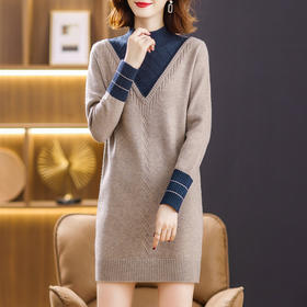 SD-15-89780 中长款针织假两件毛衣女秋冬配大衣的毛衣裙加厚半高领打底衫内搭