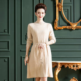 简约纯色，中长款羊毛衫羊毛连衣裙系带毛衣裙WY-G5323