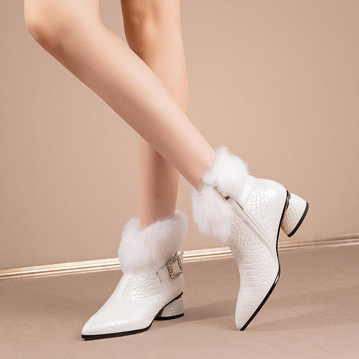 HY H3030尖头粗跟马丁靴皮靴侧拉链高跟短靴 商品图4