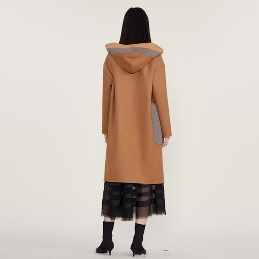 谜底2022冬季新款连帽毛呢大衣女宽松休闲拼接式长呢子224MD1701 商品图2