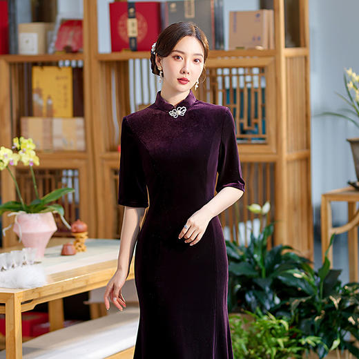 五分袖修身立领丝绒复古旗袍鱼尾连衣裙ST-C2168 商品图1