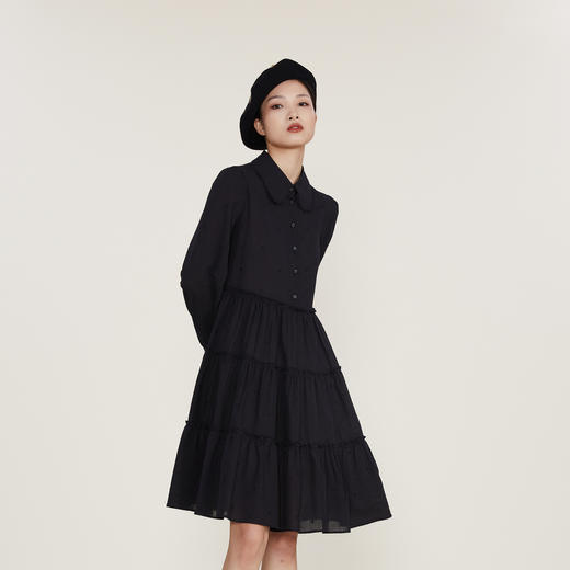 谜底2022冬新款纯棉中长款连衣裙女纯色收腰裙塔裙长袖224ML1682 商品图1