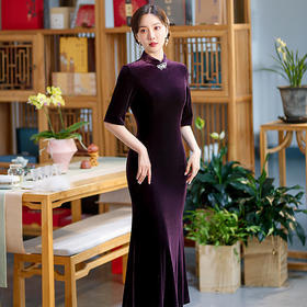 五分袖修身立领丝绒复古旗袍鱼尾连衣裙ST-C2168