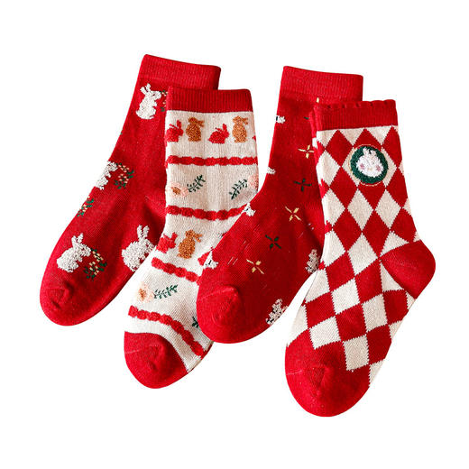 【4双礼盒装 玉兔新年袜】儿童袜子秋冬新款卡通大红喜庆新春袜韩版儿童圣诞袜 商品图4