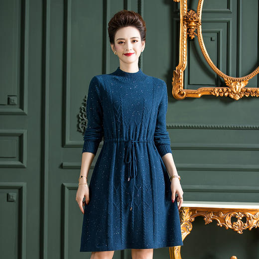 简约纯色，中长款羊毛衫羊毛连衣裙系带毛衣裙WY-G5323 商品图1