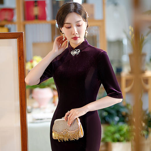 五分袖修身立领丝绒复古旗袍鱼尾连衣裙ST-C2168 商品图3
