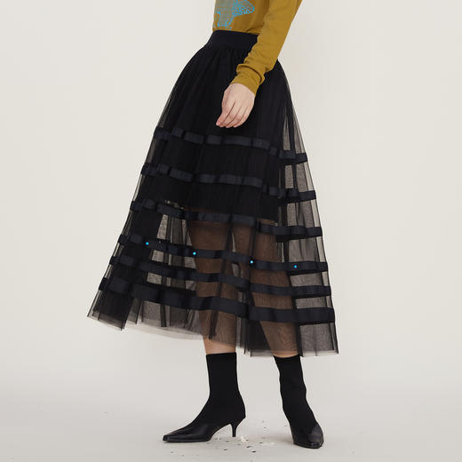 谜底2022冬季新款半身裙女复古文艺长款A型网纱半裙224MB1661 商品图1