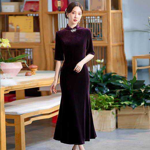 五分袖修身立领丝绒复古旗袍鱼尾连衣裙ST-C2168 商品图4