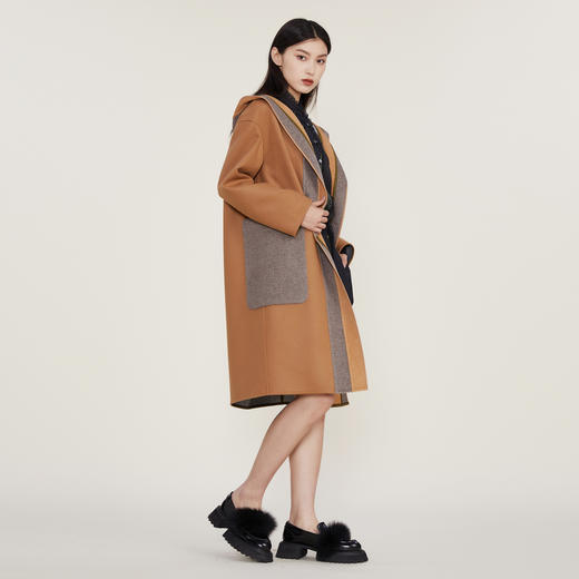 谜底2022冬季新款连帽毛呢大衣女宽松休闲拼接式长呢子224MD1701 商品图1
