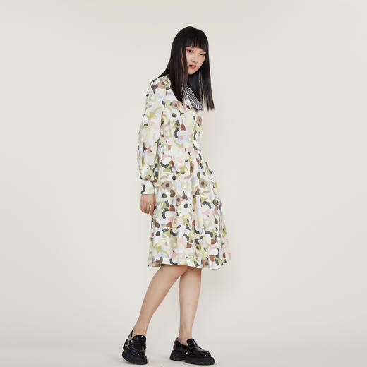 谜底2022冬季新款复古X型印花连衣裙时尚感领结设计长裙224ML1696 商品图1