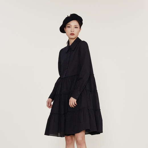 谜底2022冬新款纯棉中长款连衣裙女纯色收腰裙塔裙长袖224ML1682 商品图3