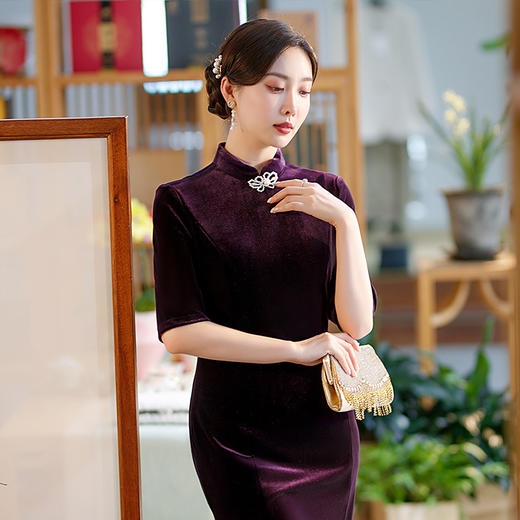 五分袖修身立领丝绒复古旗袍鱼尾连衣裙ST-C2168 商品图2