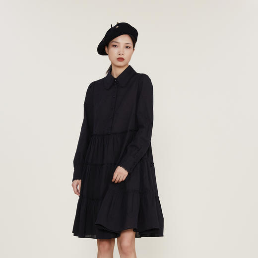 谜底2022冬新款纯棉中长款连衣裙女纯色收腰裙塔裙长袖224ML1682 商品图0