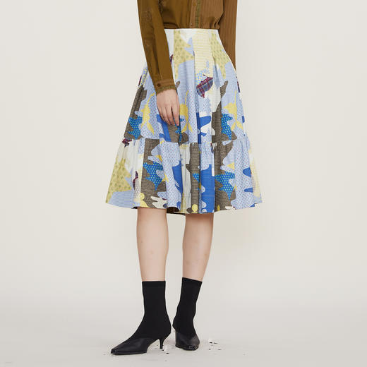 谜底2022冬季新款半身裙女复古印花天丝棉中长款大摆裙224MB1717 商品图0