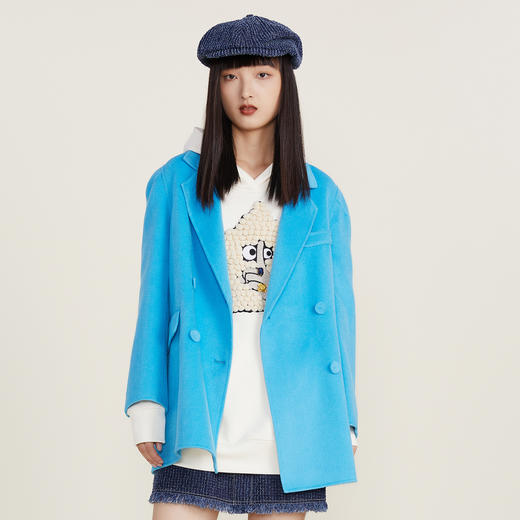 谜底2022冬新款中长款毛呢大衣女双排扣西装领时尚呢子224MD1619 商品图0