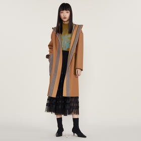 谜底2022冬季新款连帽毛呢大衣女宽松休闲拼接式长呢子224MD1701