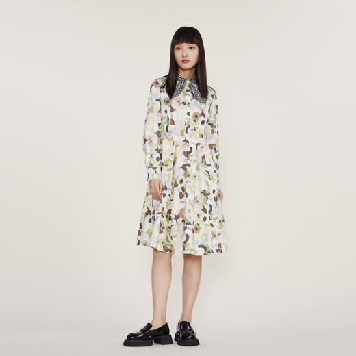 谜底2022冬季新款复古X型印花连衣裙时尚感领结设计长裙224ML1696 商品图0