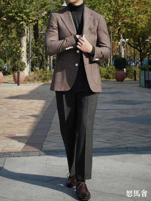 Stylbiella 羊毛蚕丝埃及棉棕色全麻衬单西 商品图9