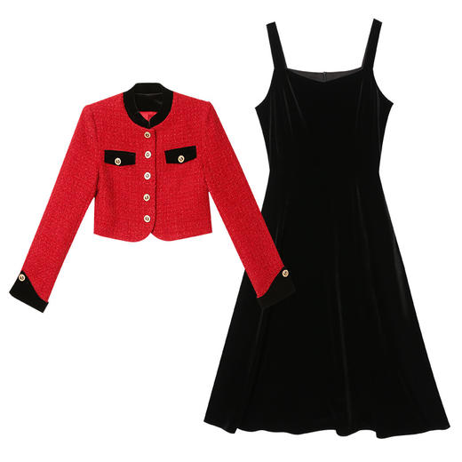 ZLFS-YY100新款时尚洋气毛呢外套金丝绒吊带裙两件套 商品图4