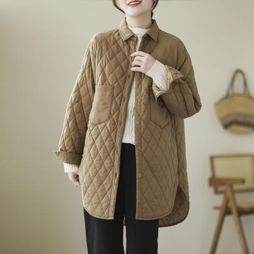 JMYY-L24871 复古文艺休闲翻领长袖中长款菱格外套 商品图4