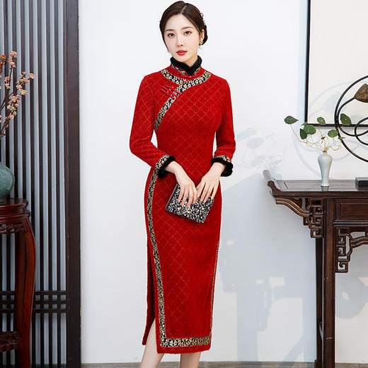 TZW-中国风立领走秀礼服款长款毛领边旗袍 ST-C2177 商品图0