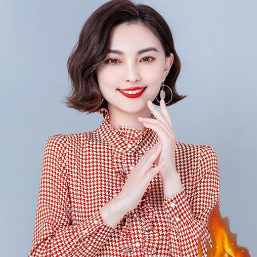 MZ 12005 时尚气质休闲立领长袖加绒加厚保暖格子衬衫 商品图4