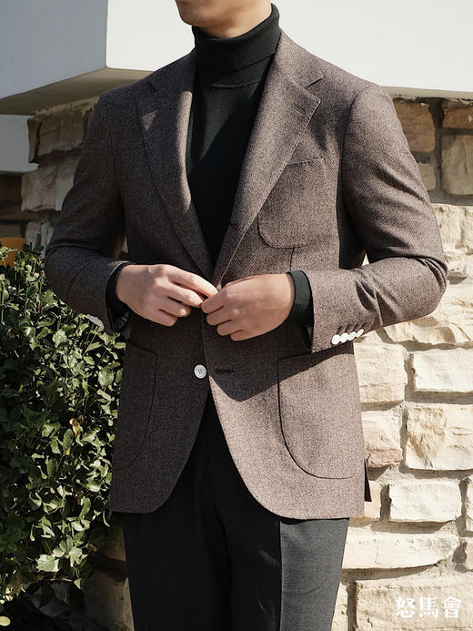 Stylbiella 羊毛蚕丝埃及棉棕色全麻衬单西 商品图8