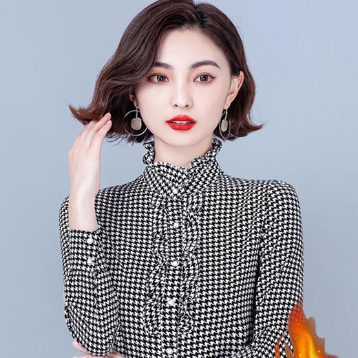 MZ 12005 时尚气质休闲立领长袖加绒加厚保暖格子衬衫 商品图7