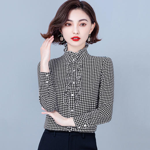 MZ 12005 时尚气质休闲立领长袖加绒加厚保暖格子衬衫 商品图2